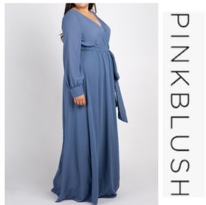 Pinkblush Maternity Blue Chiffon Long Sleeved Pleated Maxi Dress